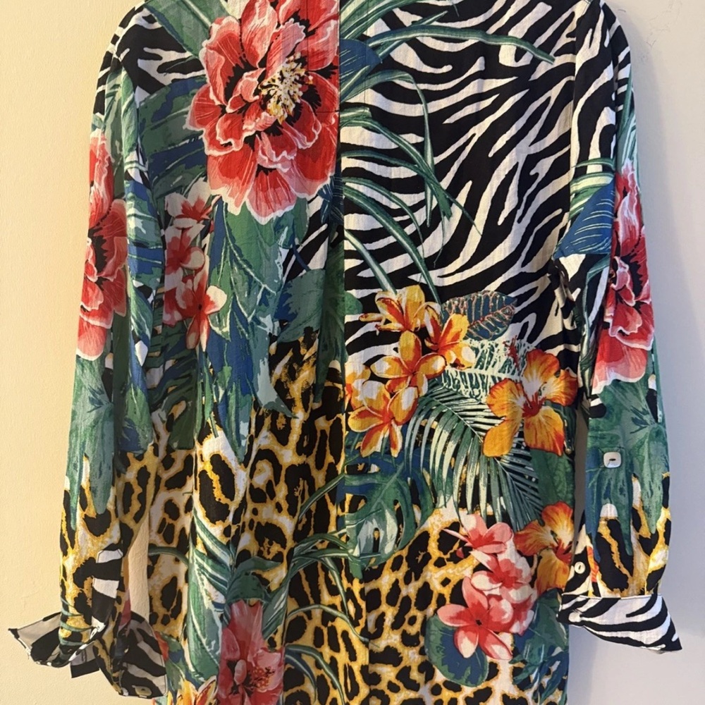 John Mark Boho Artsy floral animal Print Roll Tab Shirt Button Up Tunic  Sz S - Picture 4 of 7